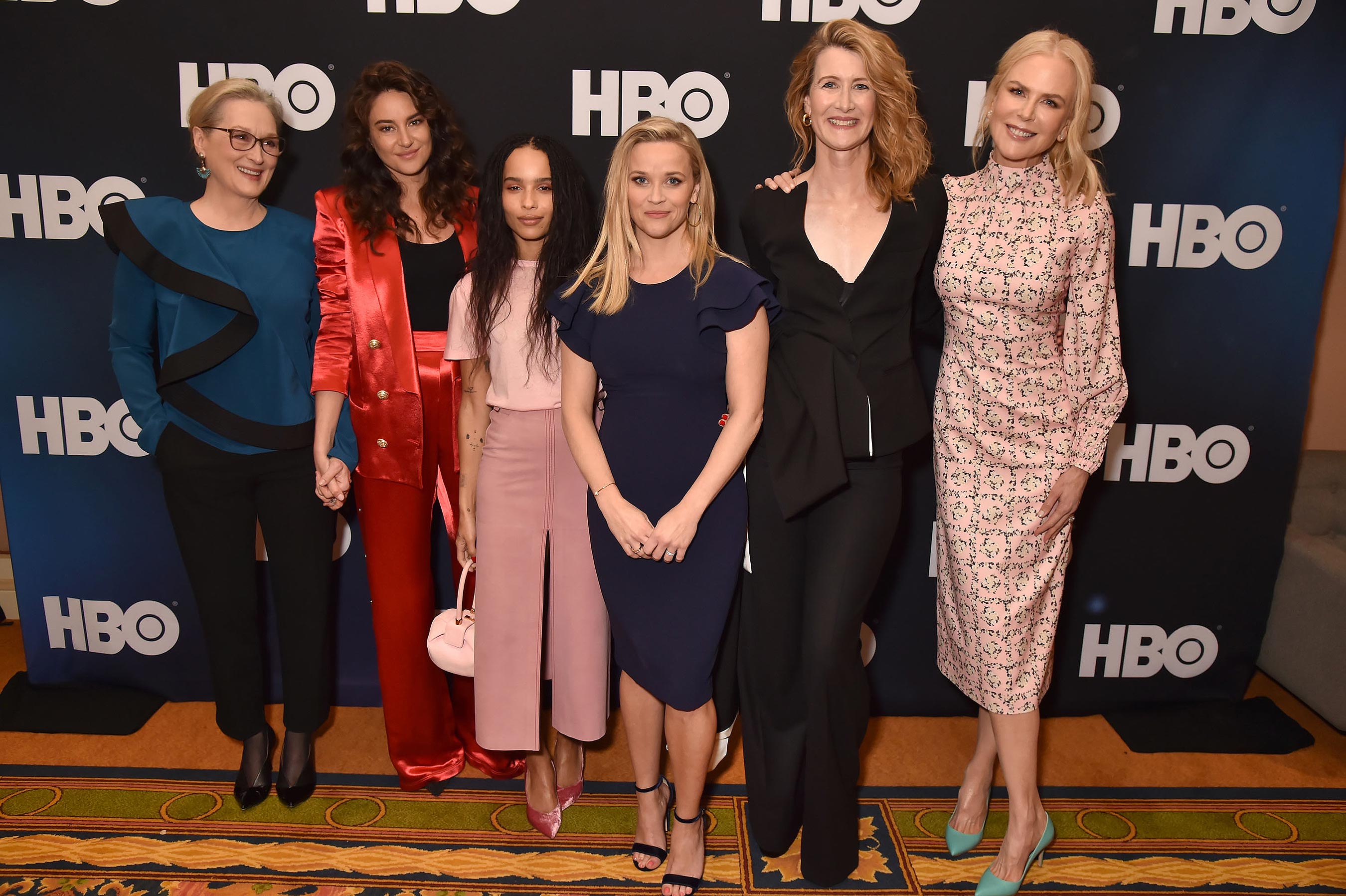 PASADENA, CA - FEBRUARY 08:  (L-R) Actors Meryl Streep, Shailene Woodley, Zoe Kravitz, Reese Witherspoon, Laura Dern and Nicole Kidman are seen prior to the "Big Little Lies" panel of the HBO portion of the 2019 Winter TCA on February 8, 2019 in Pasadena, California.  (Photo by Jeff Kravitz/FilmMagic for HBO)